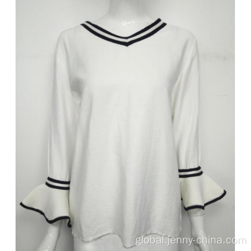 Knitting Women Long-sleeved Tops with V-neck and lotus sleeve design Manufactory